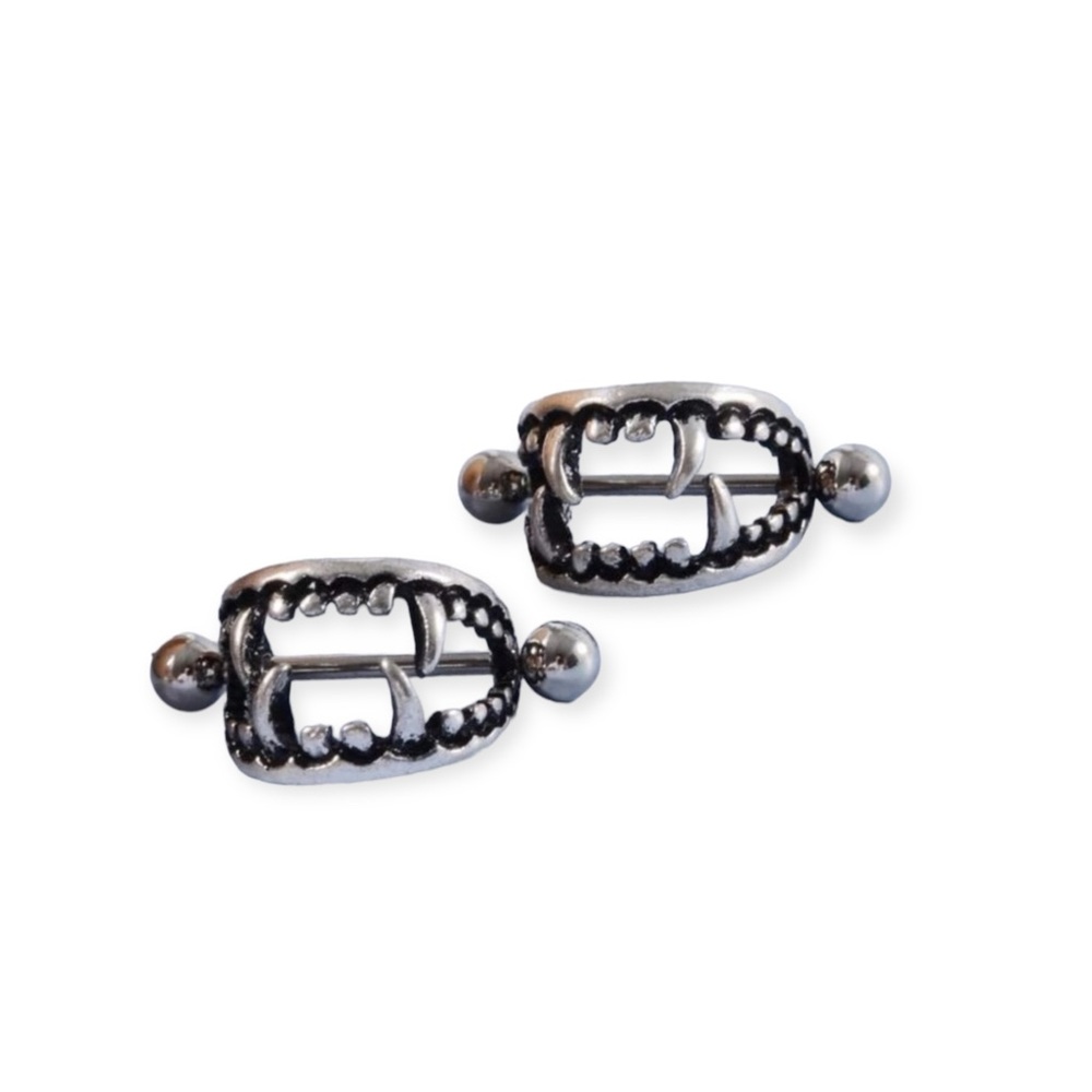 Body Jewelry Stainless Steel Vampire Teeth 14 Gauged Nipple Rings -NEW - Picture 3 of 5